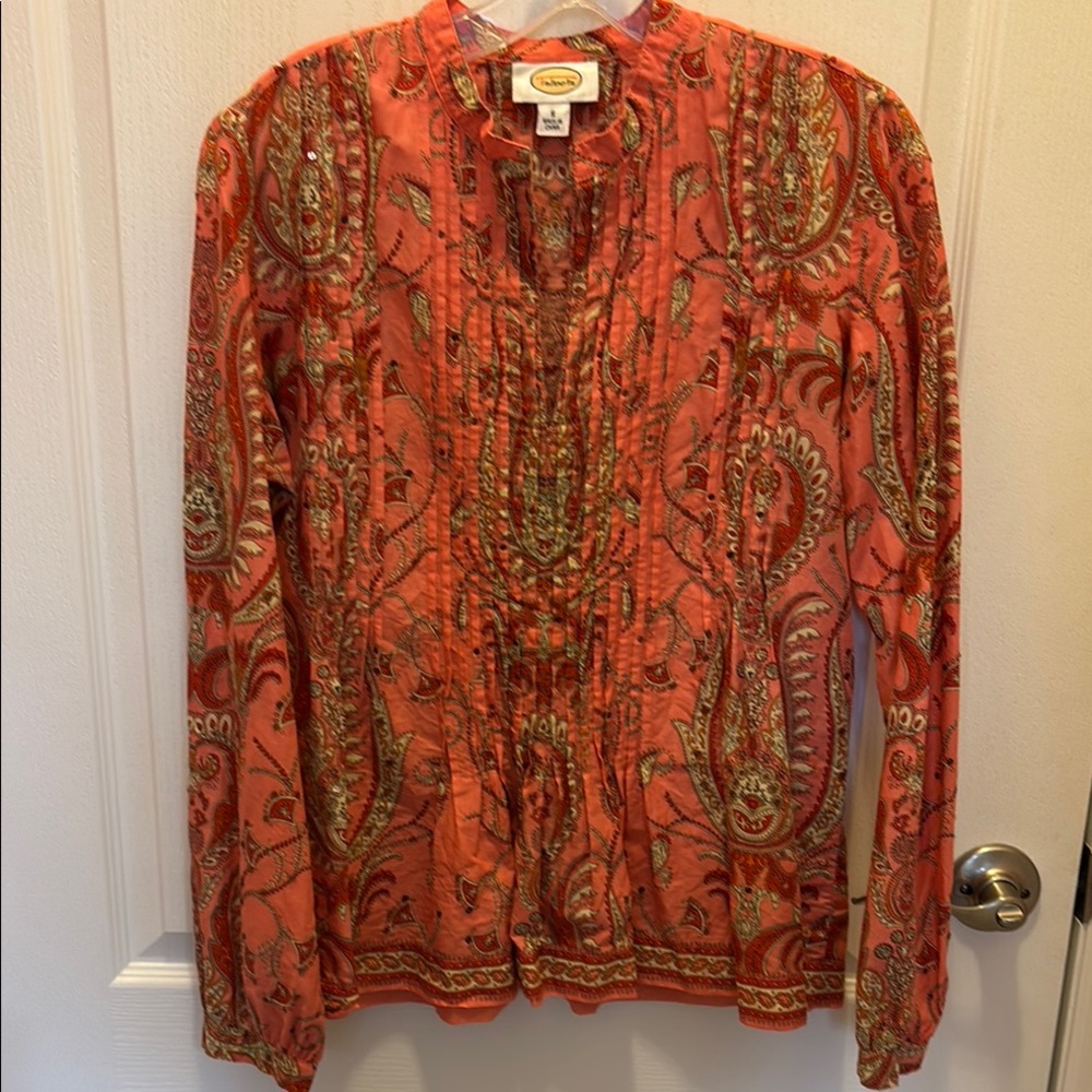 Talbots Orange Paisley Pintuck Long-Sleeve Tunic